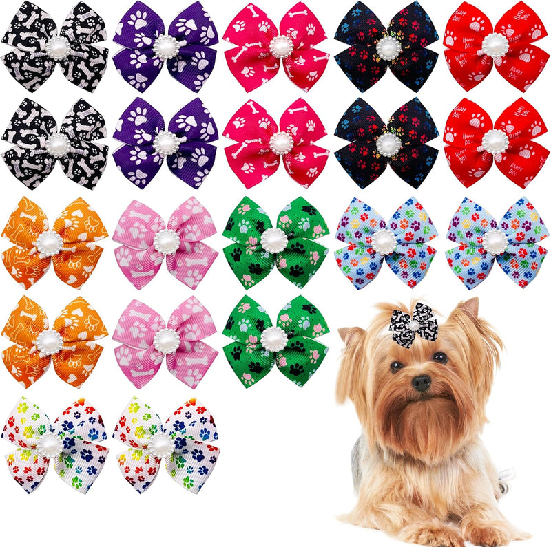 PET SHOW 20pcs Dog Hair Bows with Alligator Clips for Small Medium Dogs Bowknot Hair Clips Cat Puppy Yorkshire Grooming Hair Accessories Assorted (Paw Bone Printed) Paw Bone Printed - BeesActive Australia