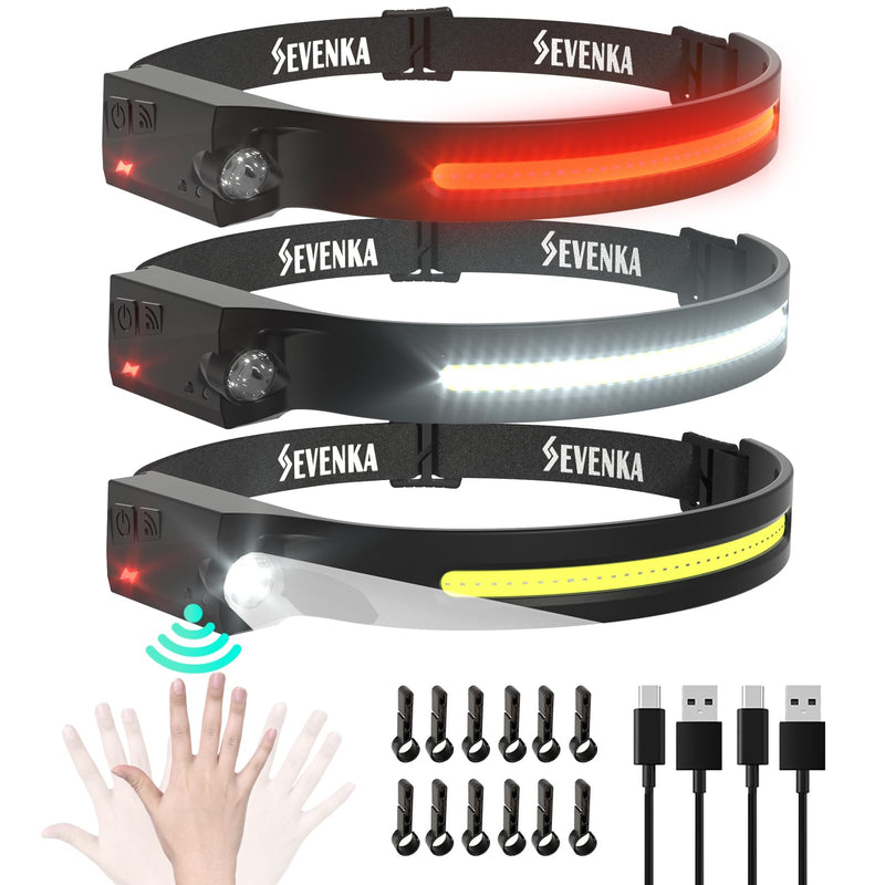 SEVENKA 3 Rechargeable Headlamps, LED Headlamp Flashlight, 1000 Lumen 230° Wide Beam & Spot Light, Sensor Mode, 2.47oz Lightweight Head Lamp for Camping, Running, Hard Hat Headlight 3-Pack Headlamps