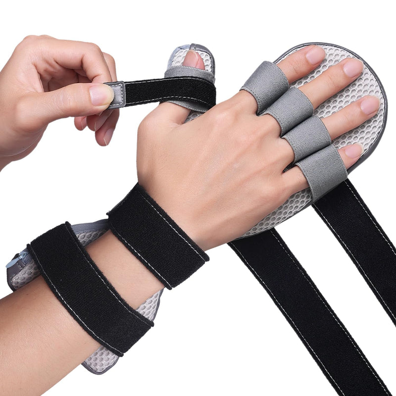 DrFinger Stroke Hand Brace Splint for Straightening Fingers with 5 Fingers Resting Support,Prevent Fingers Curling, Dupuytren's Contractures, Hand Spasms, Fit Right & Left, Men & Women - L Grey