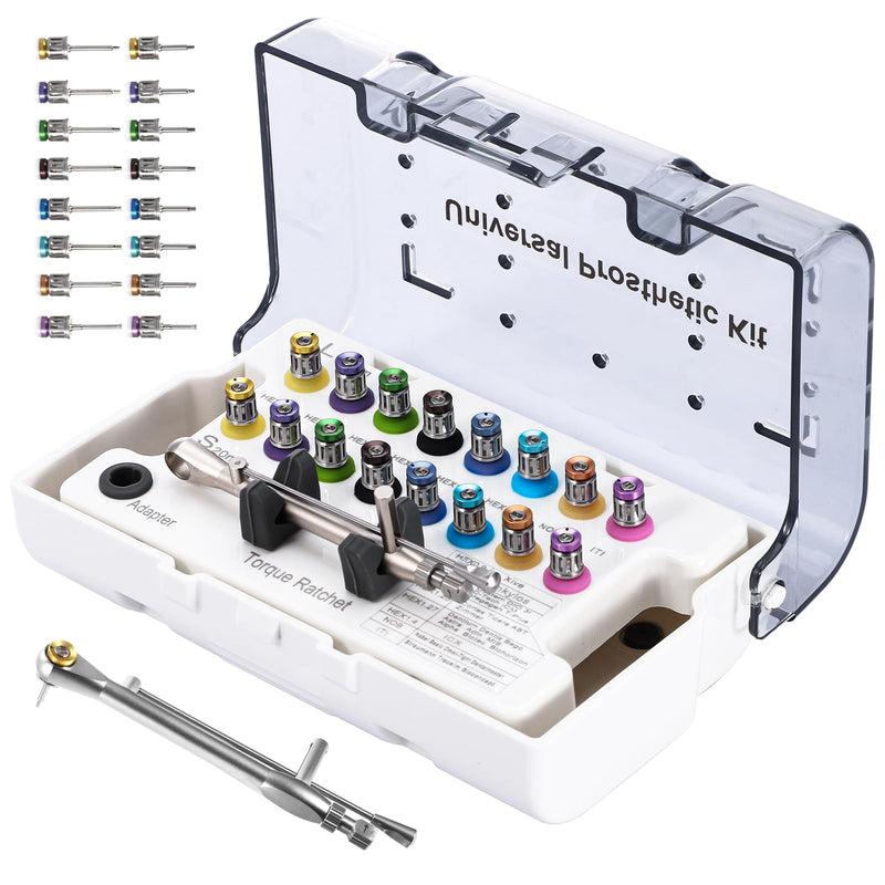 4E 4E'S USA Dental Implant Torque Wrench Set: Universal Prosthetic Kit with Torque Adjustable Ratchet & Screwdrivers 16pcs, 10-70Ncm, Fully Autoclavable