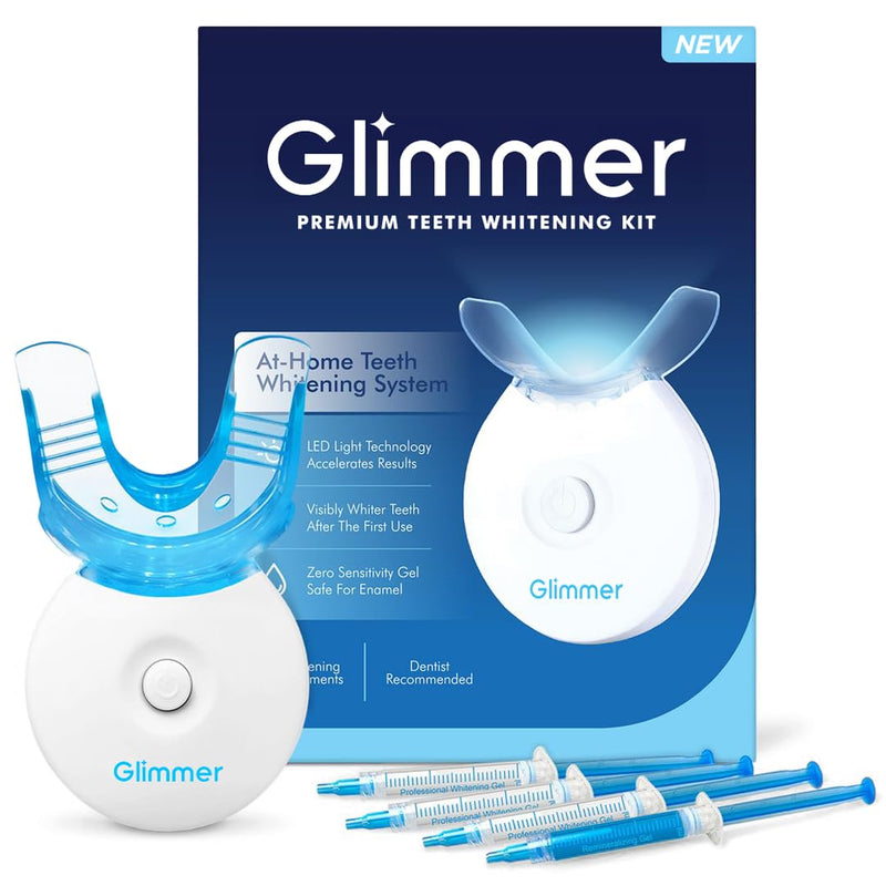 Glimmer Teeth Whitening Kit - LED Light, 35% Carbamide Peroxide, (3) 3ml Gel Syringes, (1) Remineralization Gel, and Tray - BeesActive Australia