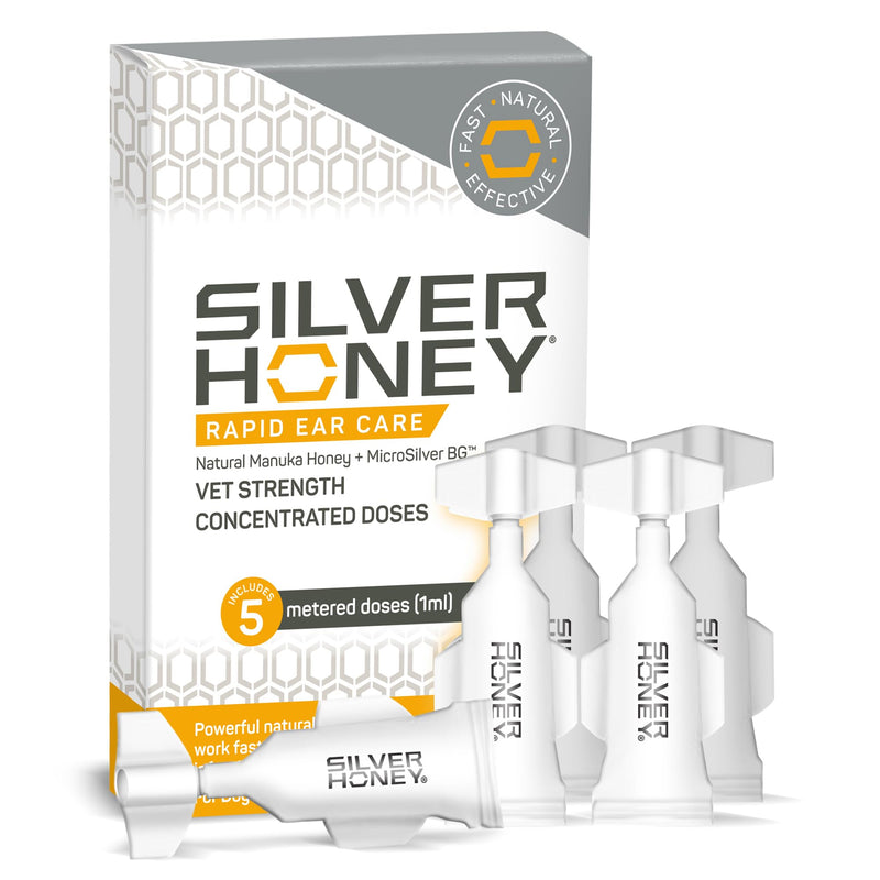 Absorbine Silver Honey Rapid Ear Care Vet Strength Concentrated Doses, 5 Ear Drops for 10 Days on 1 Ear for Dogs & Cats, Medical Grade Manuka Honey & MicroSilver BG - BeesActive Australia