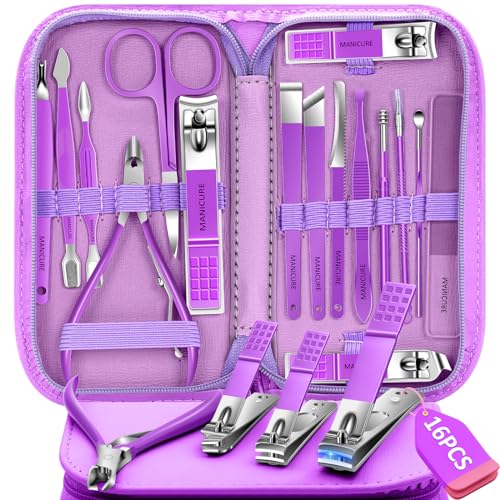 Manicure Set 16Pcs Professional Stainless Steel Pedicure Kit Mens Grooming Kit Fingernail & Toenail Clippers Set Manicure Kit with Luxurious Travel Bag, Sharp Nail Scissors and Clipper (Purple) 16Pcs-Purple
