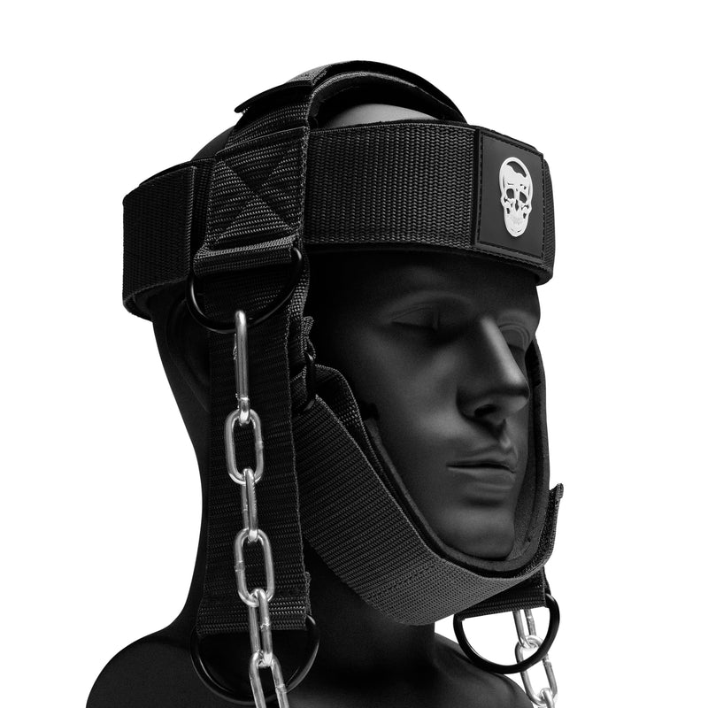 Gymreapers Neck Harness Weight Lifting - Neck Trainer Workout Equipment - Heavy Duty Stainless Steel Chain, Adjustable Neoprene Head Strap, Exercise Equipment for Strength & Pain Relief Black