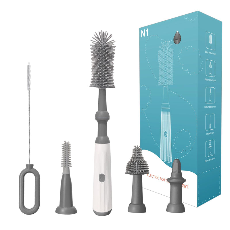 Electric Bottle Brush Cleaner Set, Electric Baby Bottle Brush Cleaner with Rechargeable Electric Bottle Cleaner and Silicone Bottle Brushes and Straw Brush, Automatic Bottle Cleaner Brush (Grey) Gray - BeesActive Australia