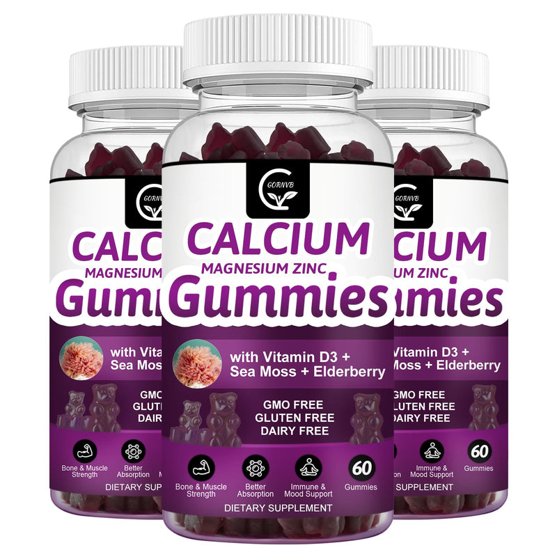 Calcium Magnesium Zinc Gummies with High Absorption Magnesium Glycinate 300mg, Potassium - Plant Complex Calcium Magnesium 2:1 Ratio, with D3 Sea Moss for Bone, Immune & Sleep Support, Vegan-3 Pack 60 Count (Pack of 3)