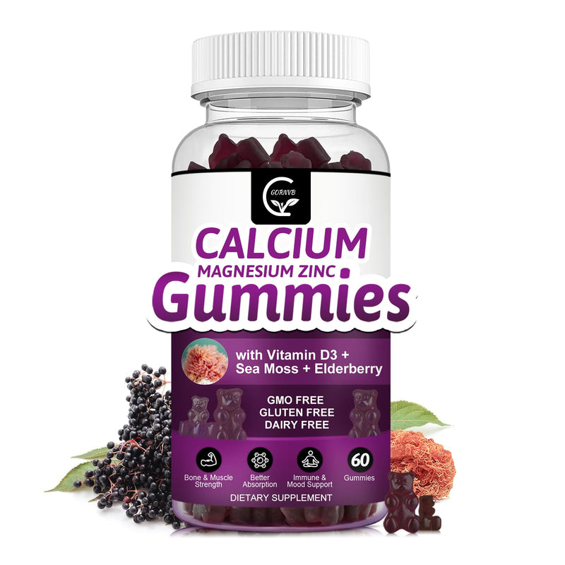 Calcium Magnesium Zinc Gummies with High Absorption Magnesium Glycinate 300mg, Potassium - Plant Complex Calcium Magnesium 2:1 Ratio, with D3 Sea Moss for Bone, Immune & Sleep Support, Vegan-1 Pack 60 Count (Pack of 1)