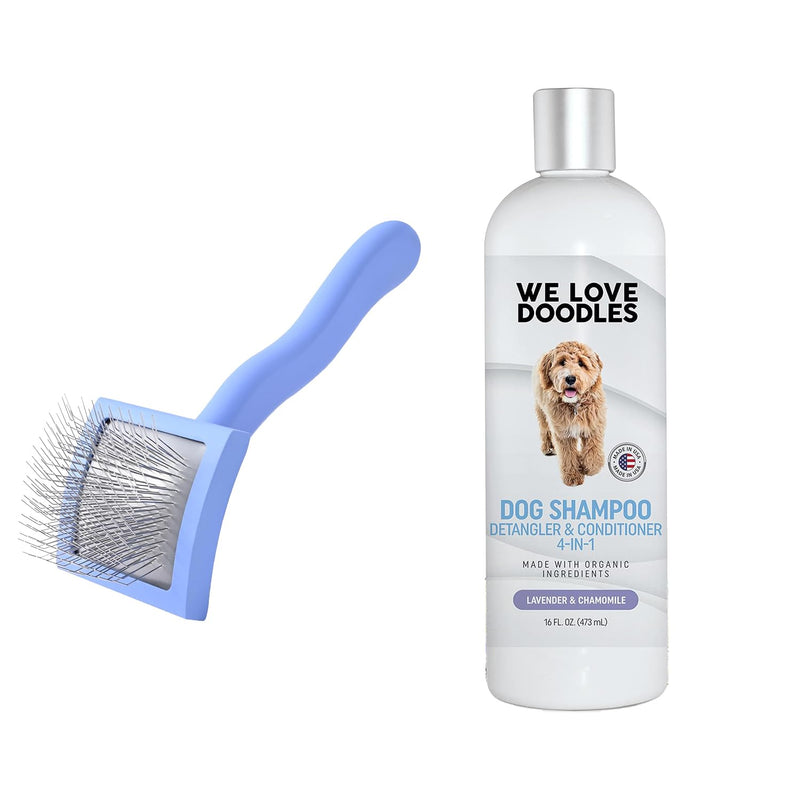 We Love Doodles Small Curved Slicker Brush and 4-in-1 Dog Shampoo (Lavender) Bundle - Goldendoodle Brush for Dematting & Shedding - Shampoo for Goldendoodles, Poodles & Doodles - Made In USA - PawsPlanet Australia