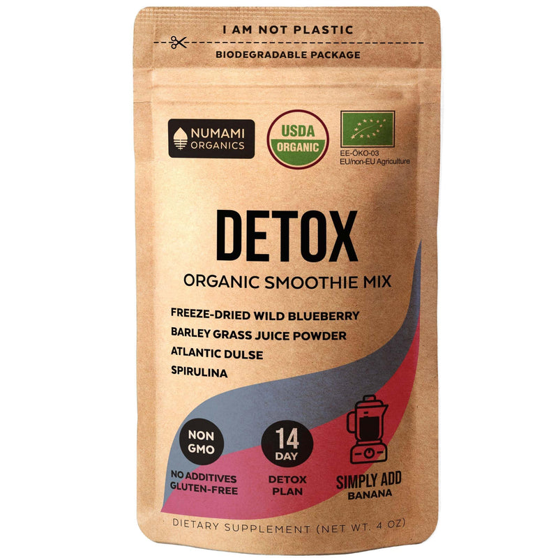 Numami Organic Detox Blueberry Smoothie Powder with Healthy Spirulina, Atlantic Dulse and Barley Grass Juice Powder, Premium Quality superfood from Europe Blueberry Powder 4 Ounce (Pack of 1)
