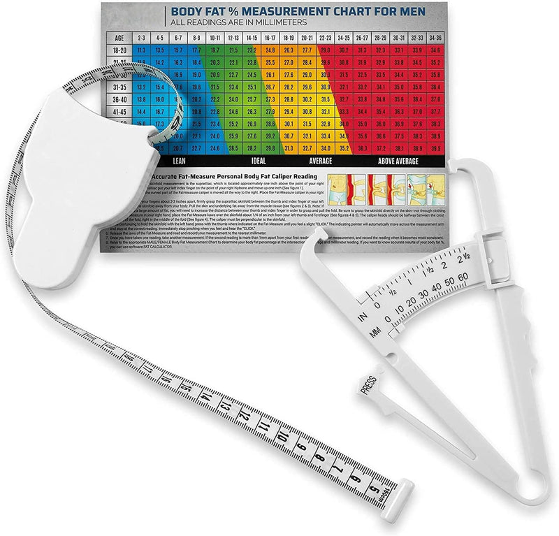 Body Fat Caliper and Measuring Tape for Body - Skinfold Calipers and Body Fat Tape Measure Tool for Accurately Measuring BMI Skin Fold Fitness and Weight-Loss, (White) - BeesActive Australia