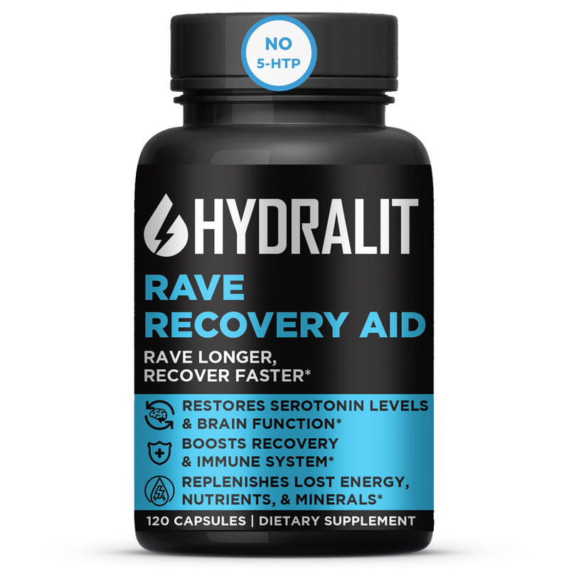 Rave Recovery Aid Vitamins After Party Relief Pills Music Festival Accessories Rave Essential No 5-HTP Supplement Electrolytes Hydration Better Mornings Serotonin Energy Hangover 120 Capsules