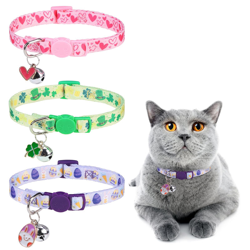 3 Pack Breakaway Cat Collars with Bell-Valentine's Day Cat Collar for Girl Boy Cats with Safety Buckle -St. Patrick's Day Easter Kitten Collar Adjustable 8"-12" for Kitty Puppy Small Pet Valentine's Day + Easter + St. Patrick's Day - BeesActive Australia