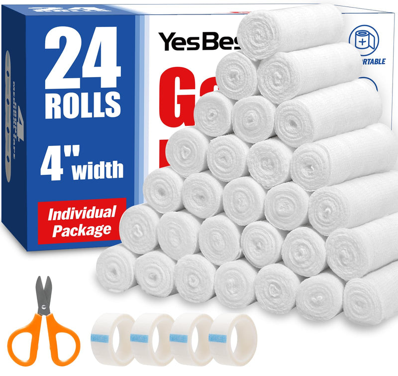 24 Pack Gauze Rolls, 4 in x 4.1 Yards, Premium Gauze Wrap Roll for Wounds, Bandage Wrap Rolled Gauze, Mummy Wraps, Individually Wrapped A-24p - BeesActive Australia