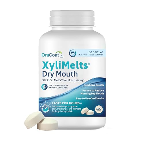 OraCoat XyliMelts Dry Mouth Relief Stick-On-Melts for Sensitive Mouths, Mint-Free and Acacia Gum-Free with Xylitol, 100 Count, Non-Acidic, Day & Night User, Long Lasting 8-Hour Moisturizing Relief