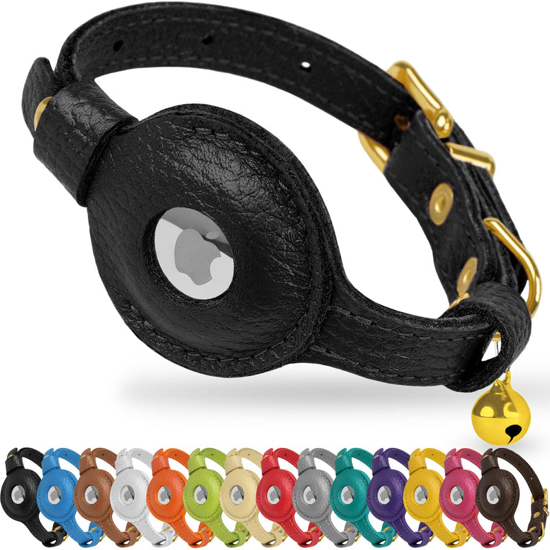 OOPSDOGGY Leather AirTag Cat Collar with Bell - Non Breakaway Kitten Collar with Apple Air Tag Holder - Lightweight GPS Pet Collars for Girl Boy Cats, Small Dogs, Puppies (Black) Black - BeesActive Australia