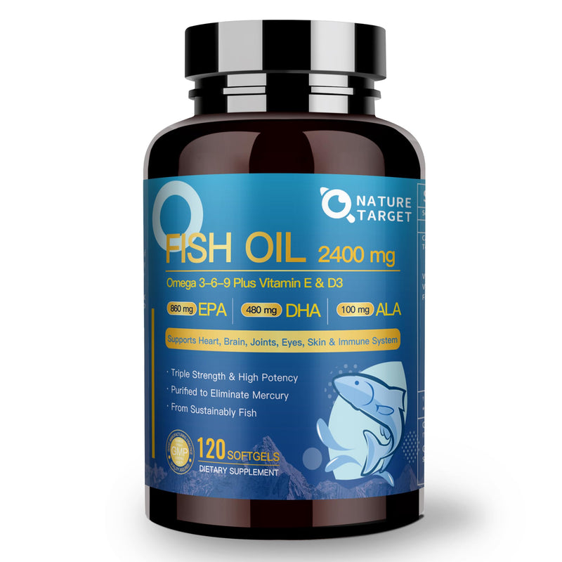 NATURE TARGET Triple Omega 3 6 9 Fish Oil 2400mg, 120Softgels | Vitamin D3 & E, EPA & DHA & ALA, Supports Heart, Brain, Joint & Immune Health, Sustainably Sourced, Non-GMO 120 Count (Pack of 1)