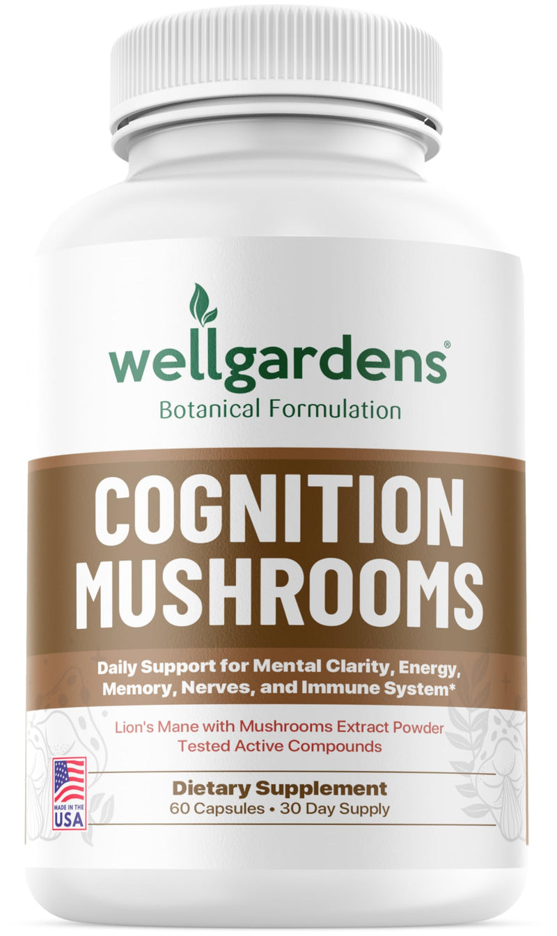 100% Pure Cognition Mushroom Supplement - Lion’s Mane, Reishi, Cordyceps & More - Promotes Mental Clarity, Focus, Memory, Energy, Performance - Mushroom Brain Vitamins