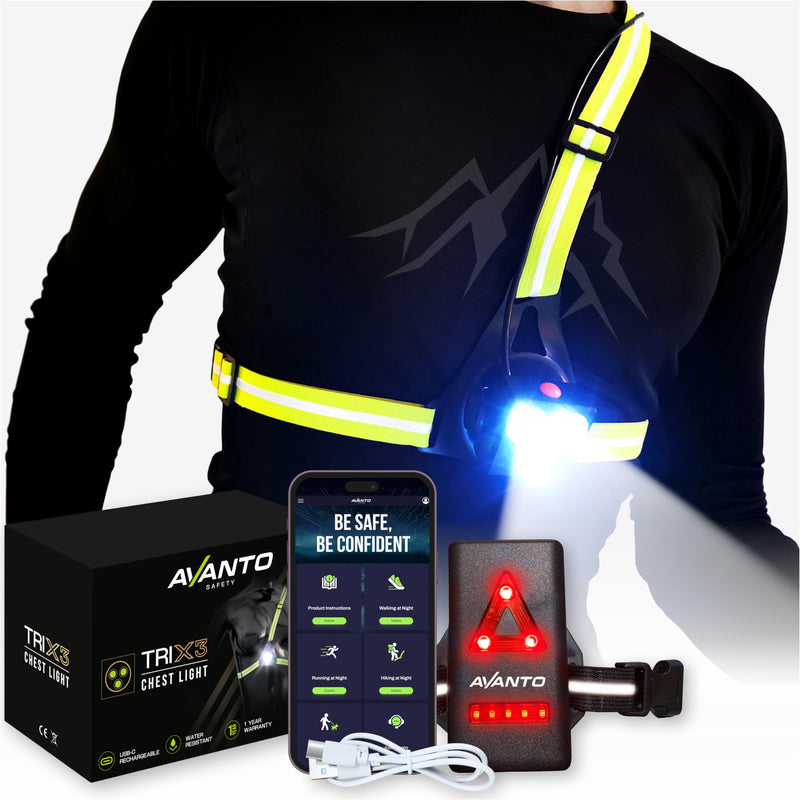 AVANTO Triple Beam Chest Lamp, Original, 500 Lumen LED Night Running Lights for Runners, Dog Walking Light, Long 5-7h Usetime, USB-C Rechargeable Battery, Running Headlamp, Reflective Vest Yellow Straps_NP