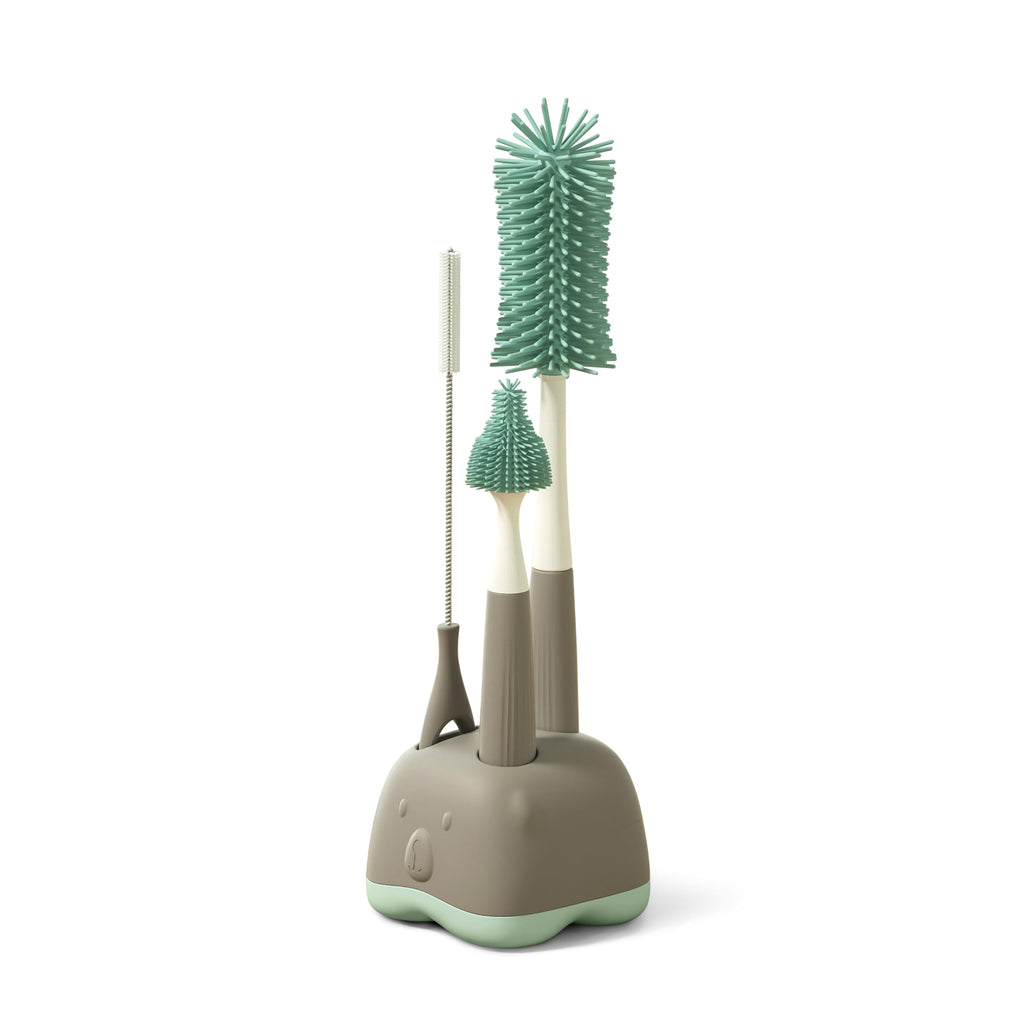 Silicone Bottle Brush Cleaning Set, Gray, Nipple Cleaner, Straw Brush, includes Drying Rack Stand.