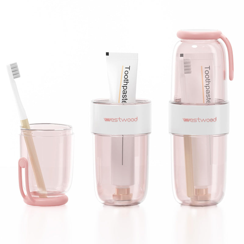 Luxury Transparent Pink Plastic Travel Toothbrush Holder Case with Cover, Portable Travel Toothbrush Cup, Storage Container for School Camping Business Trip Bathroom Light Pink