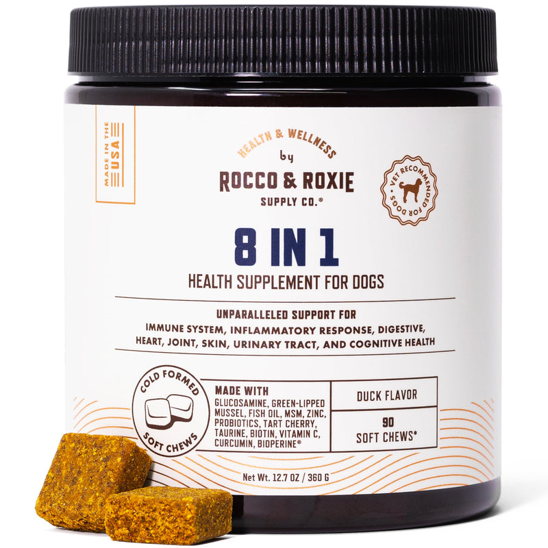 Rocco & Roxie 8 in 1 Dog Vitamins and Supplements, Glucosamine, Green Lipped Mussel Hip and Joint, Probiotics Digestive Health, Immune Skin and Coat, Puppy to Senior Chewable Multivitamin, 90 ct chews 8 in 1 90 Count - PawsPlanet Australia