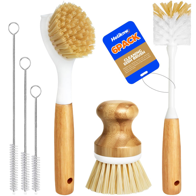 Holikme 6 Pack Dish Brush Scouring Pad Set with Bottle Brush, Dish Brush, Palm Scrub Brush and Straw Brush, Dish Scrubber Long Handle for Dish Bottle Cup Skillet Wok Pot Pan Cast Iron, Yellow - BeesActive Australia