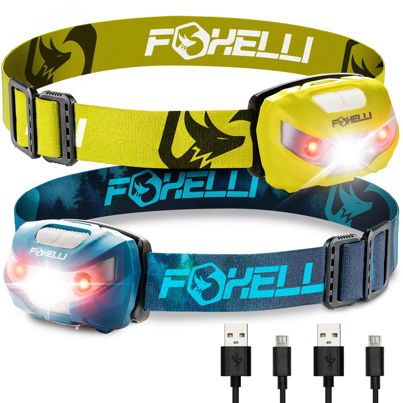Foxelli Rechargeable Headlamp Bundle of 2 – Yellow & Forest: Super Bright LED Head Lamps, Lightweight & Comfortable for Running, Camping, Hiking & Work