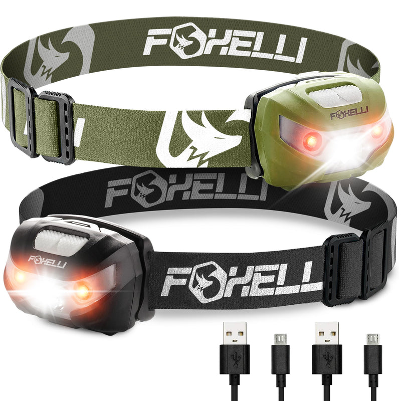 Foxelli Rechargeable Headlamp Bundle of 2 – Khaki & Black: Super Bright LED Head Lamps, Lightweight & Comfortable for Running, Camping, Hiking & Work