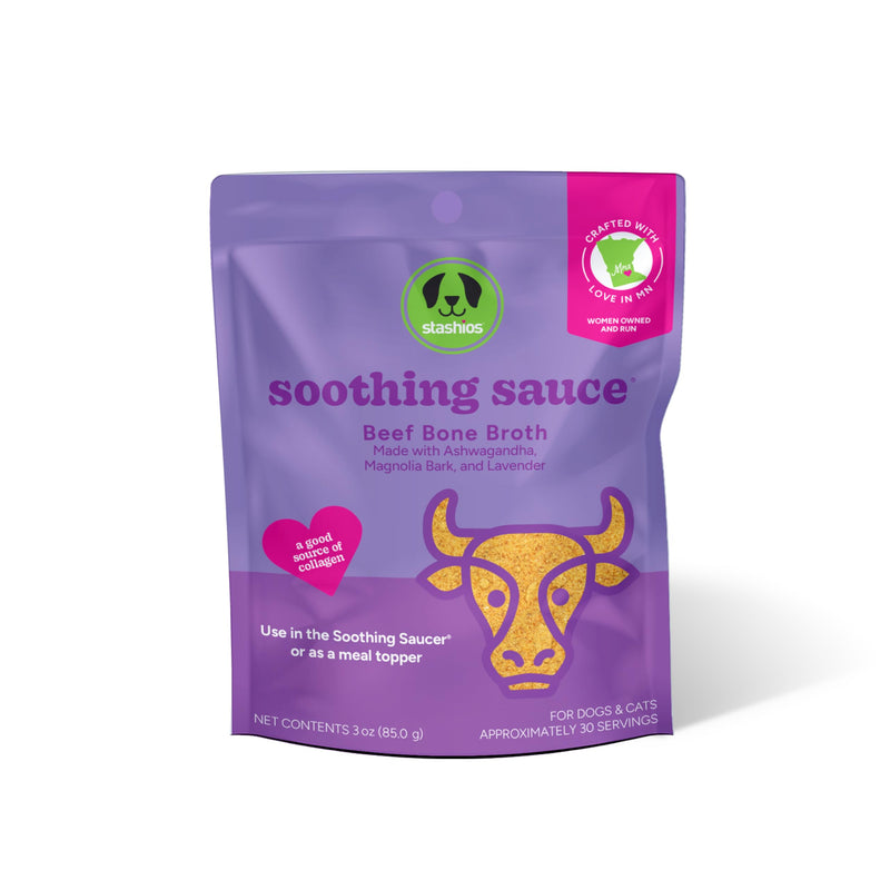 Soothing Sauce Beef Bone Broth Calming Powder Supplement for Dogs & Cats, All Natural Anxiety Relief, Made in The USA, 3 oz Calming Beef - PawsPlanet Australia