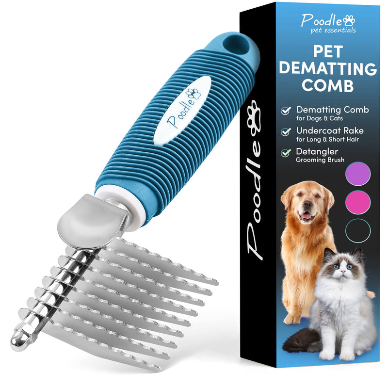 Poodle Pet Dematting Fur Rake Comb Brush Tool - Dog and Cat Comb with Long 2.5 Inches Steel Safety Blades for Detangling Matted or Knotted Undercoat Hair (Blue, Dematting Comb) Blue - BeesActive Australia