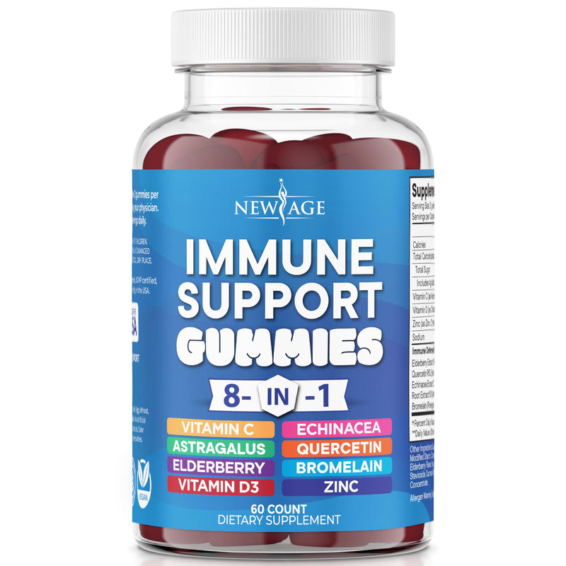 NEW AGE 8 in 1 Immune Support Booster Supplement with Elderberry, Vitamin C and Zinc 50mg, Vitamin D 5000 IU, Quercetin & Bromelain (8 in 1 Gummies (Pack of 1)) 60 Gummies (Pack of 1)