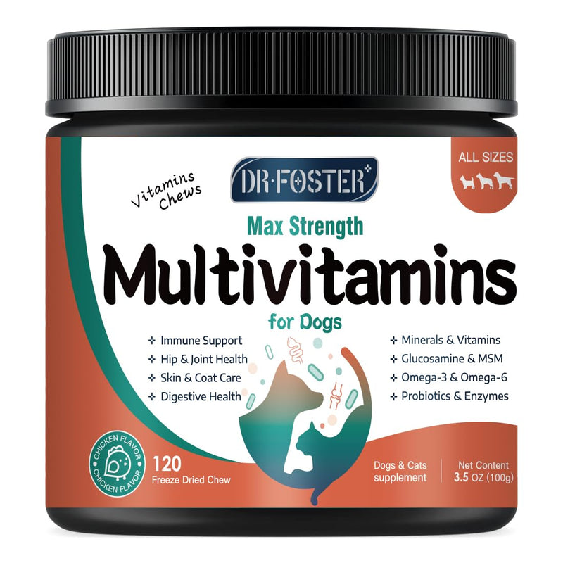 Dog Multivitamin with Glucosamine, Omega 3, Minerals, Probiotics and Enzymes, Dog Vitamins and Supplements for Joint, Skin & Coat Care, Digestive and Immune Health, Chicken Flavor - 120 Chews 120 count - PawsPlanet Australia