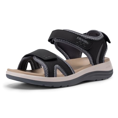 FitVille Women's Orthopedic Wide Sandals Casual Arch Support Flat Sandals 8 Wide Black