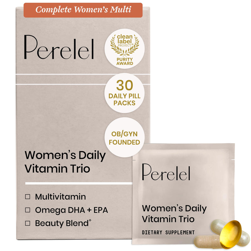 Perelel Womens Daily Vitamin Trio, Multivitamin, Omega 3 DHA, & Biotin | Multivitamin & Beauty Blend Supplements for Nutrient Support & Overall Wellness, Gluten Free, Non-GMO, 30 Daily Pill Packs
