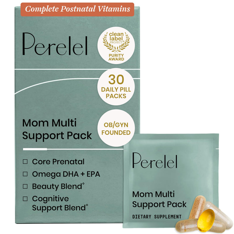 Perelel Mom Multi Postnatal Vitamins with Omega 3 DHA, Iron, & Collagen | Postpartum Health Support, Postnatal Vitamins for Women, Vitamin B12, Soy & Gluten Free, Non-GMO, 30 Daily Pill Packs