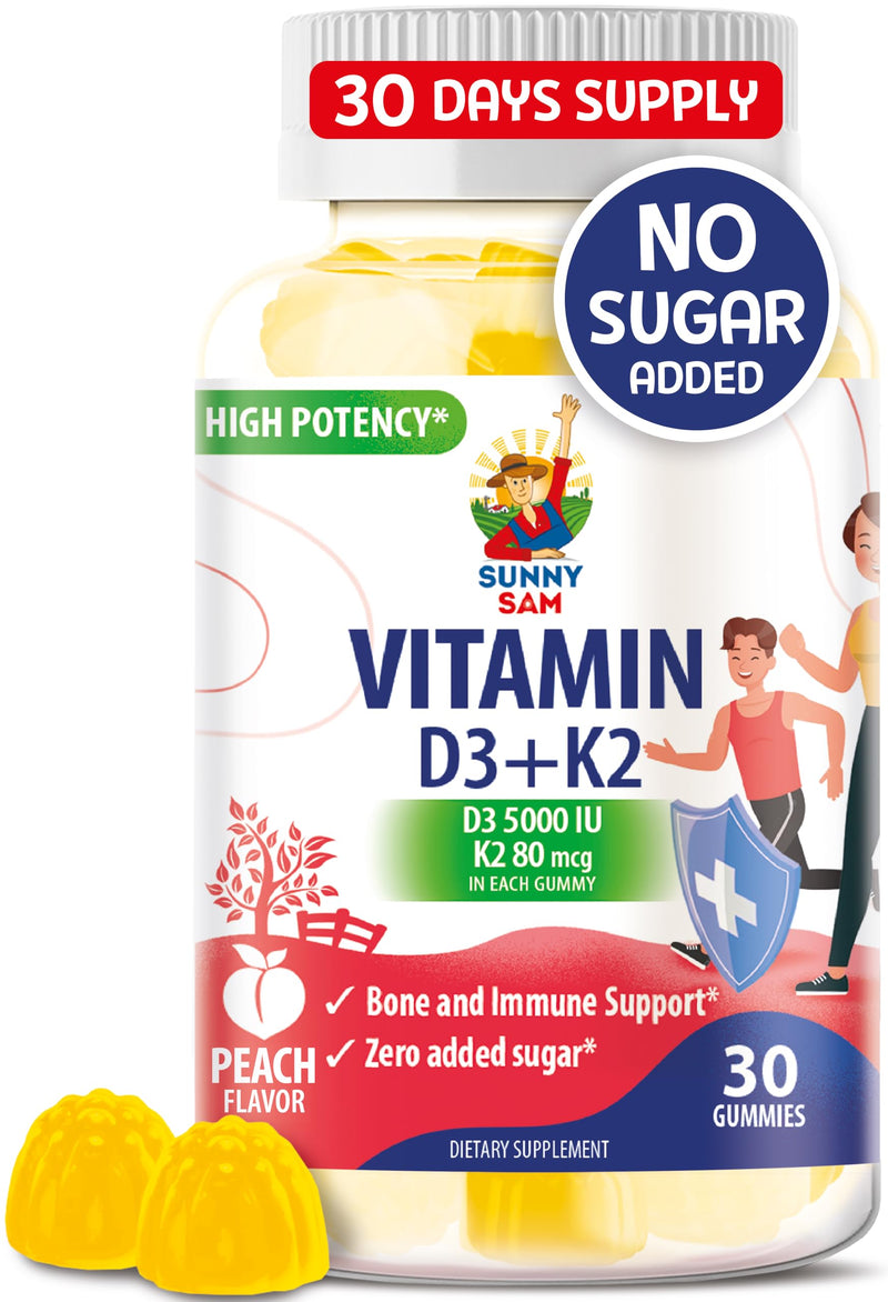 SUNNY SAM Sugar-Free Vitamin D3 K2 Gummies 5000 IU - Immune & Bone Support - Vitamin D Gummy Supplement for Adults - High-Absorption, Vegan, Halal, Gluten-Free Chewable Vitamins - 30 Count 30 Count (Pack of 1)