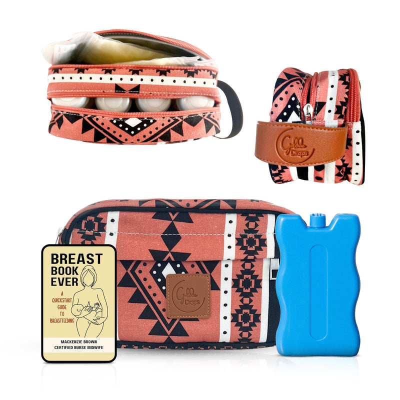 Breastmilk Cooler Bag with Ice Pack Fits 4 Baby Bottles - Dual Pocket Insulated Breast Milk Cooler Travel Bag - Beautiful Printed Breastmilk Storage Bottle Bag Burnt Orange - BeesActive Australia