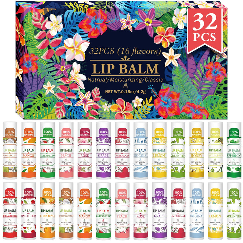 32 Pack Lip Balm, Natural Lip Balm Bulk with Vitamin E and Coconut Oil, Bulk Lip Balms for Dry Lips-16 Flavors B-32P - BeesActive Australia