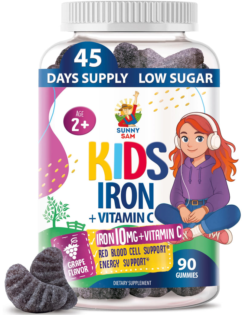 SUNNY SAM Iron Gummies for Kids & Teens - 10mg Iron Vitamins with Vitamin C - Low-Sugar Chewable Gummy Supplement for Immune Support, Supports Red Blood Cell Production for Children & Teen Girls 90 Count (Pack of 1)