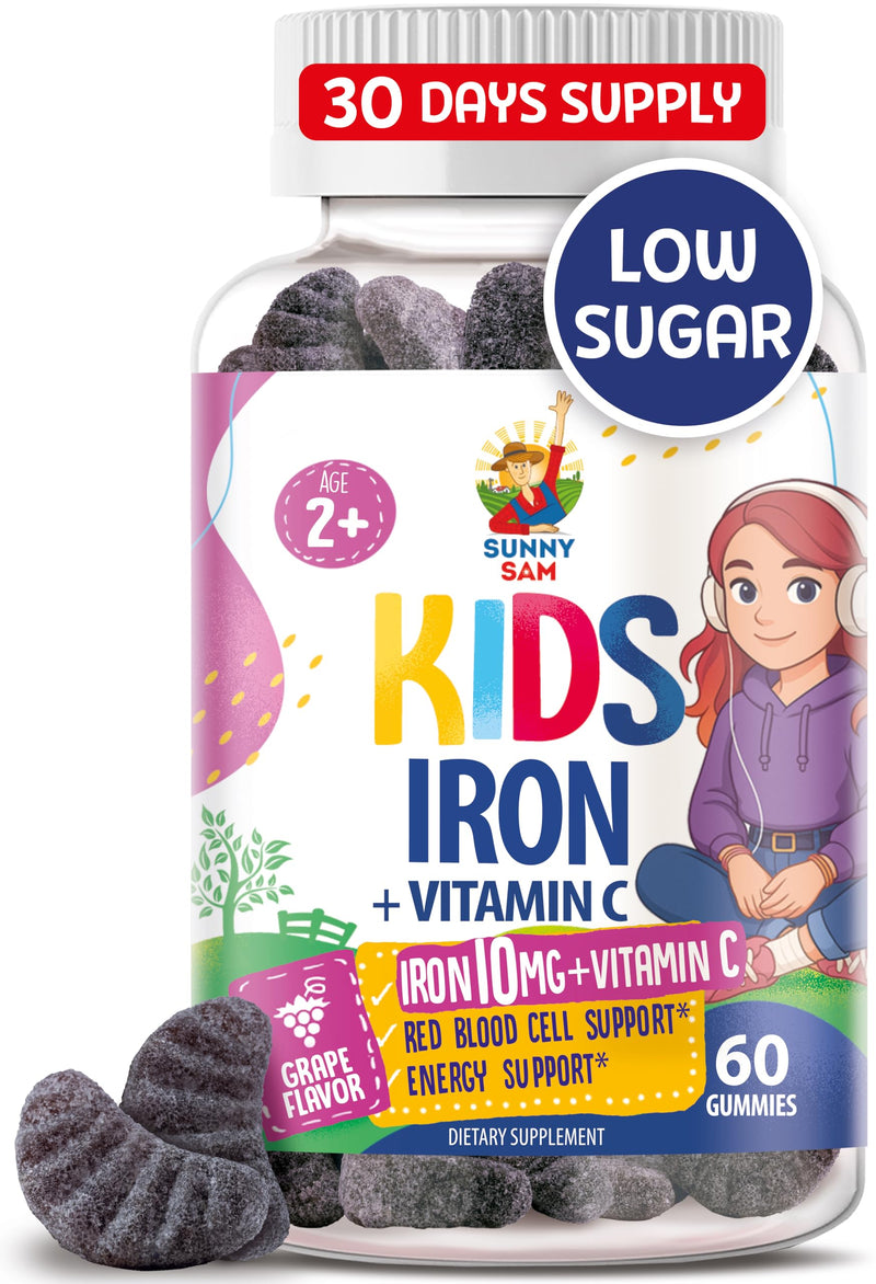 SUNNY SAM Iron Gummies for Kids & Teens - 10mg Iron Vitamins with Vitamin C - Low-Sugar Chewable Gummy Supplement for Immune Support, Supports Red Blood Cell Production for Children & Teen Girls 60 Count (Pack of 1) - BeesActive Australia