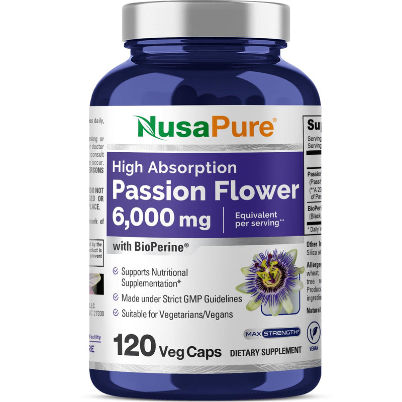 NusaPure Passion Flower 20:1 Extract, 300 mg Equivalent to 6,000mg, 120 Veggie Caps, Non-GMO, Bioperine, Extract Supplement 120 Count (Pack of 1)