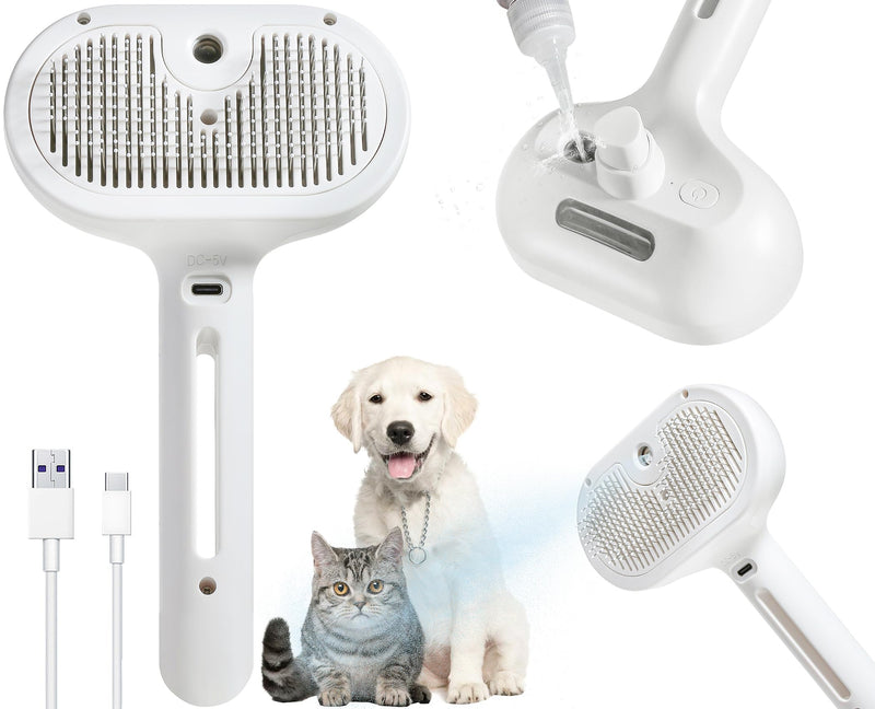 Spray Cat Brush for Shedding - Pet Hair Removal Comb with Water Tank and Release Button, Cat/Dog Steam Brush, Cat Bath Brush, Pet Steam Brush, Cat Brush with Water - Pet Spray Hair Comb (White) WHITE - BeesActive Australia