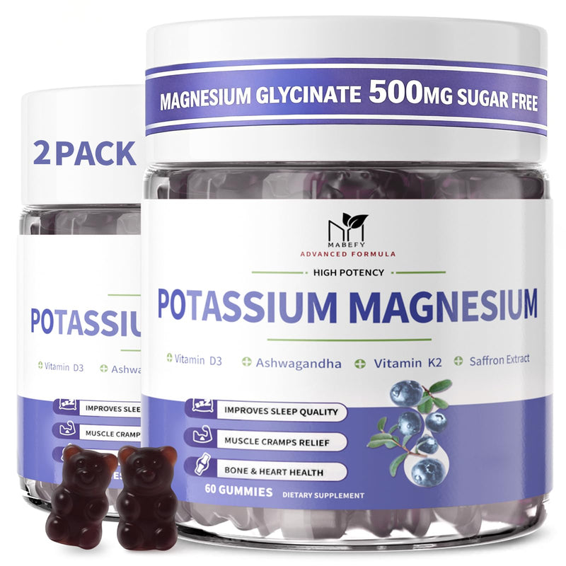 Potassium Magnesium Gummies Magnesium Glycinate 500mg for Sleep 2 Pack | Leg Cramps, With Calcium Zinc Vitamins, Sugar Free, Chewable Supplement, Support Healthy Muscle Relaxation for Daily Wellness Blueberry 60 Count (Pack of 2)