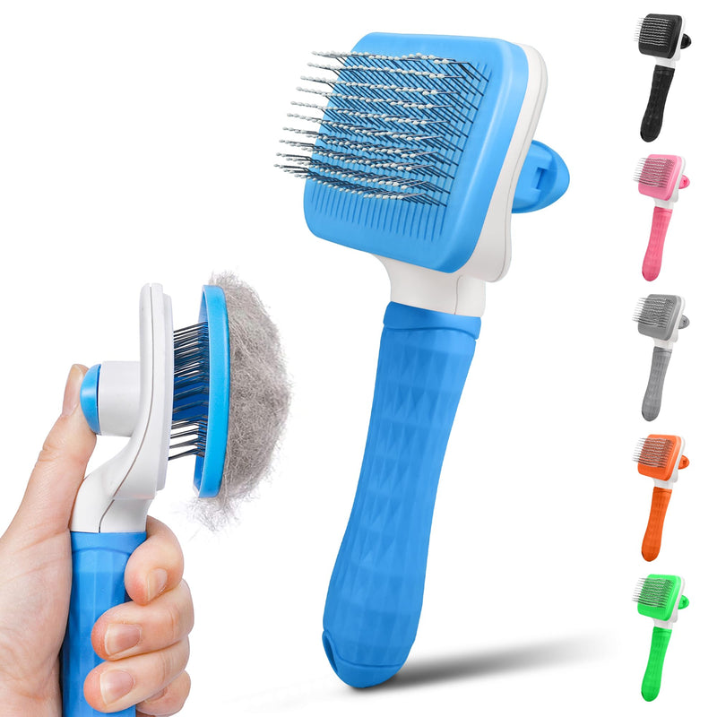 Dog & Cat Brush, Self Cleaning Slicker Brush for Pets, Upgraded Dog Brush for Shedding Massaging and Grooming, Removes Loose Undercoat & Portable Comb for Long Short Haired Dogs(Blue) 1 Regular Blue - BeesActive Australia
