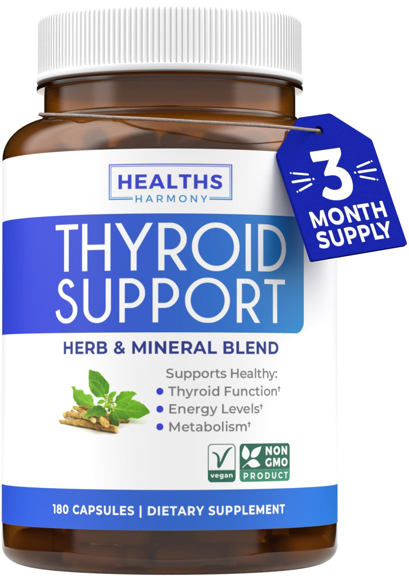 Healths Harmony Herbal Thyroid Support Complex with Iodine (3 Month Supply) | Thyroid Health Capsules with Vitamins Minerals & Herbs with Ashwagandha Selenium & More to Balance Energy - Vegan & Non-GMO 180 Count (Pack of 1)