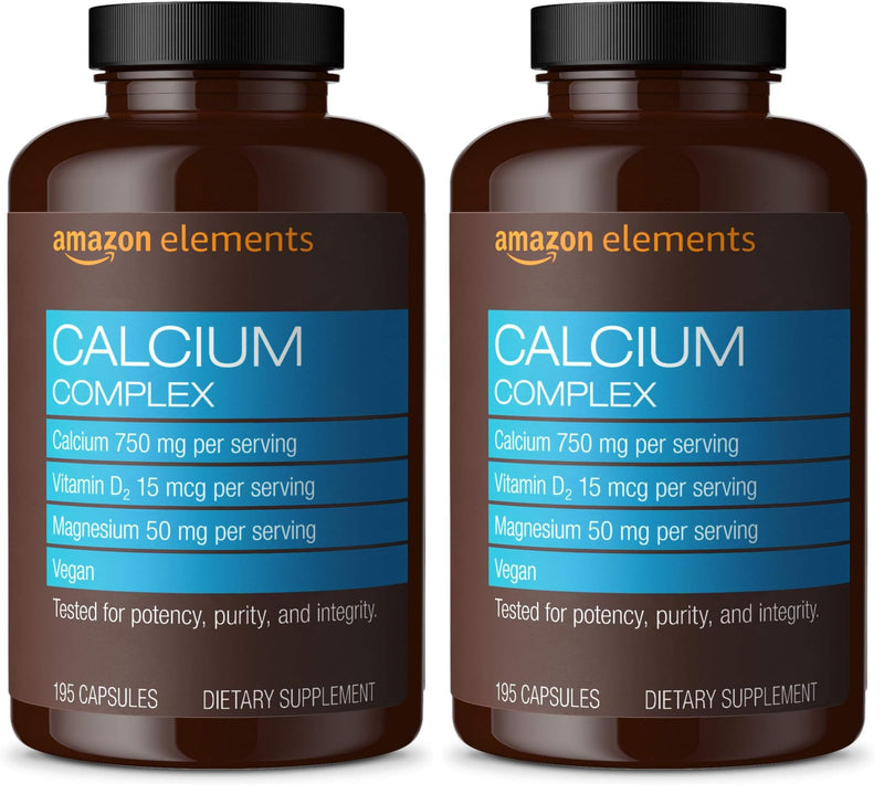 Amazon Elements Calcium Complex with Vitamin D, 250 mg Calcium (3 per Serving), Vegan, 195 Capsules (Packaging May Vary), Supports Strong Bones and Immune Health (Pack of 2) Unflavored 195 Count (Pack of 2)