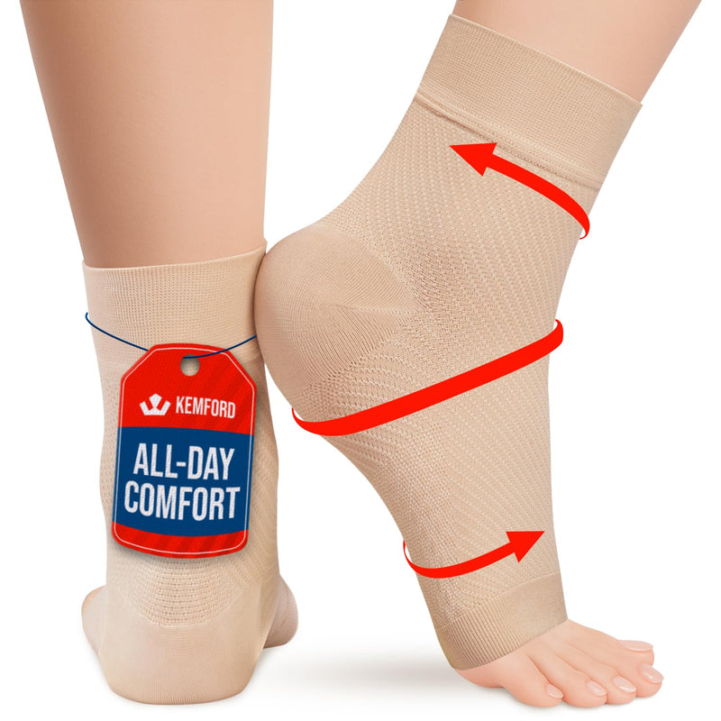 KEMFORD Ankle Compression Sleeve - 1-Pair, Plantar Fasciitis Braces - Open Toe Compression Socks for Swelling, Sprain, Neuropathy, Arch Support for Men and Women X-Large Beige / 15-20mmHg / 1 Pair - BeesActive Australia