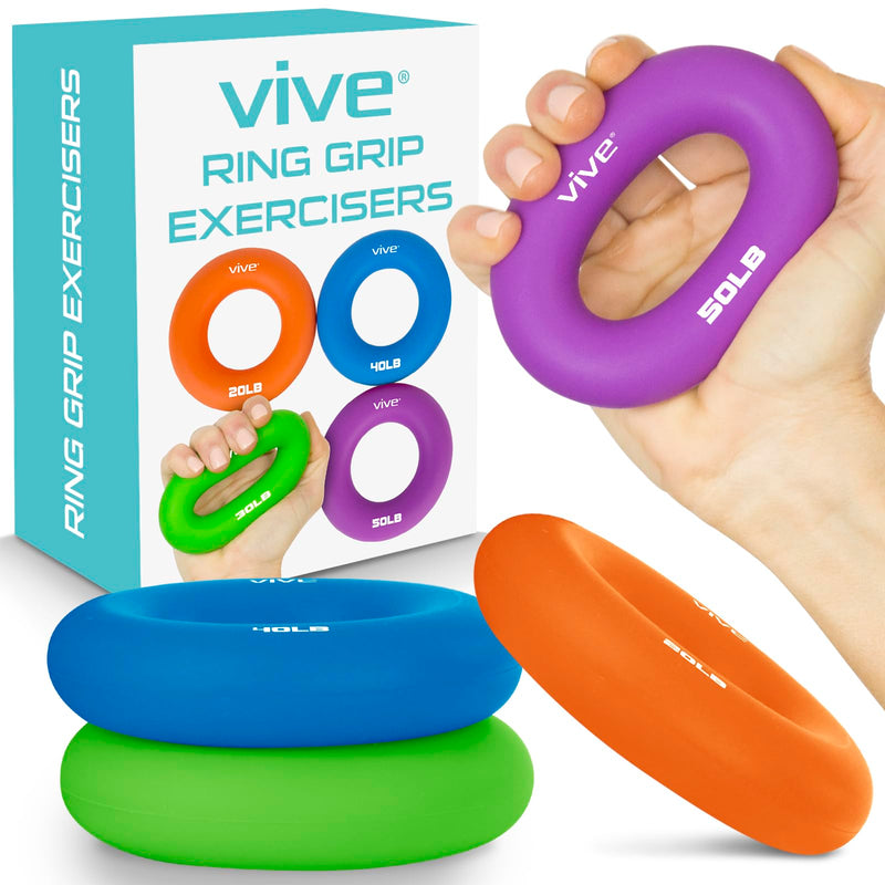 Vive Hand Strengthener Grip Ring - Forearm Ring Hand Exercisers - Silicone Squeezer Gripper for Muscle Strengthening Training Tool - Arthritis Finger Physical Therapy PT Kit Trainer Multicolor (4 Pack)