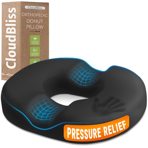 CloudBliss Donut Pillow Stadium Seat Cushion for Tailbone Pain Relief and Hemorrhoids, Memory Foam Seat Chair Cushion, Portable Seat Cushions for Bleachers, Car, Home & Office Black X-Large
