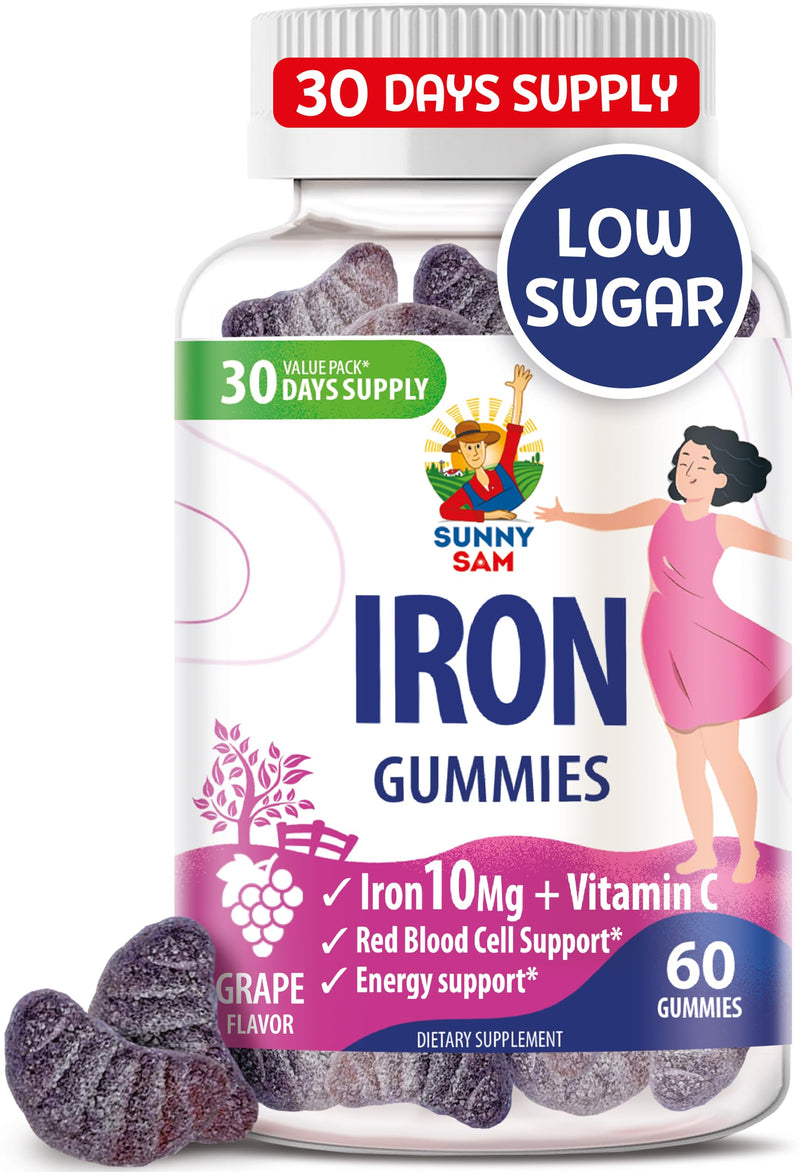 SUNNY SAM Iron Gummies for Kids & Adults - Iron Vitamins with Vitamin C, 10mg per Serving - Chewable Fruit Gummy for Immune Support Red Blood Cell Production 60 Count (Pack of 1)